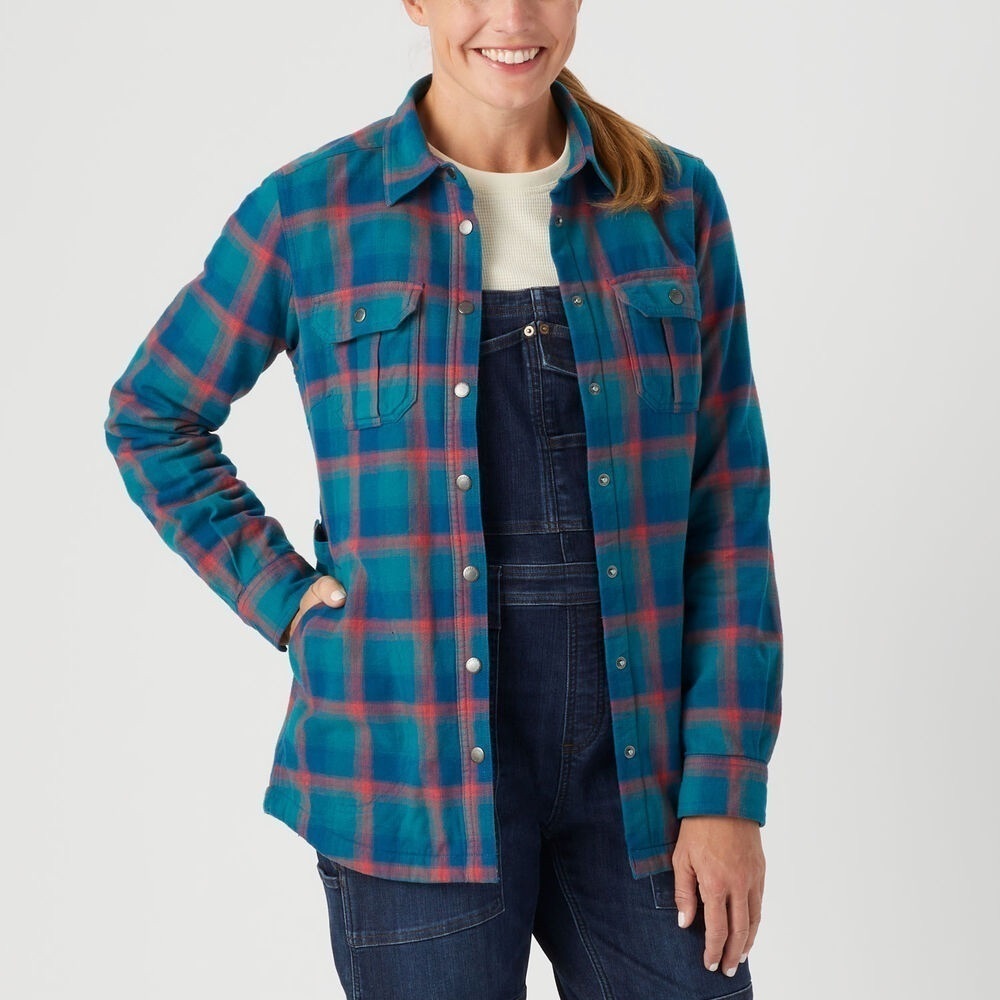 Duluth Women's Large Free Swingin' Lined Flannel Shirt Jacket Shacket Plaid Blue - Picture 14 of 16